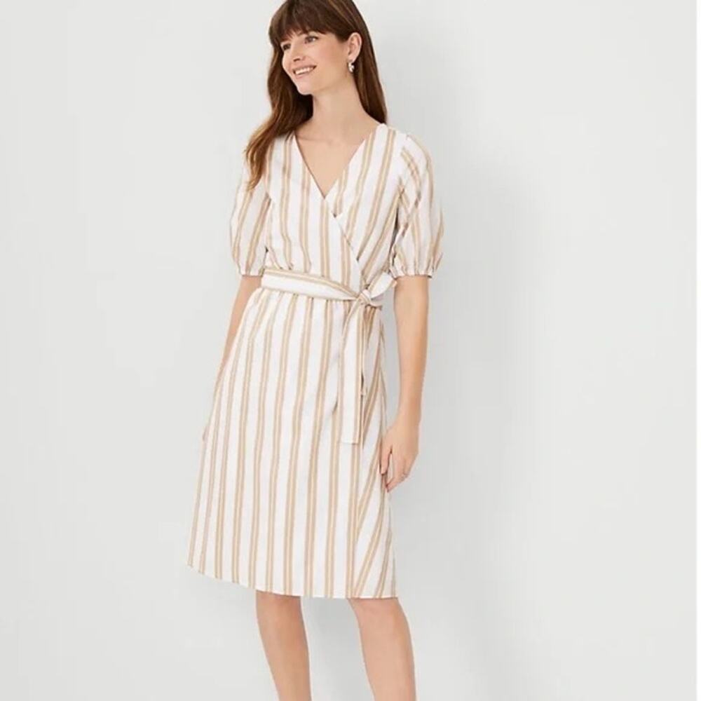 NWT Ann Taylor striped wrap midi dress tan/white size M